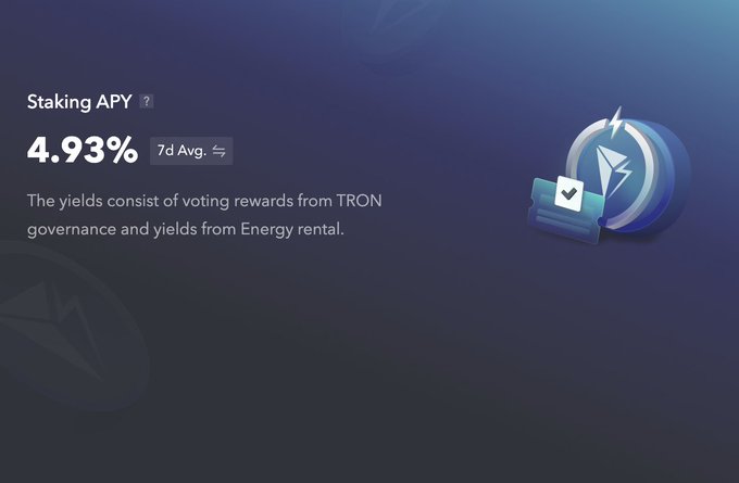 A screenshot showing a Staking APY of 4.93% (7d Avg), noting yields consist of voting rewards from TRON governance and Energy rental.