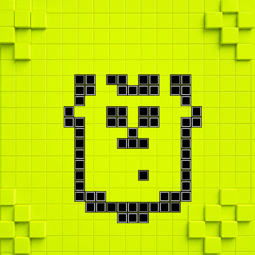 A pixel art illustration featuring a black square character with an emoji-like face on a bright yellow-green tiled background with raised blocks.