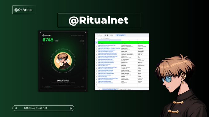 Promotional graphic for '@Ritualnet' by @0xAres showing an NFT card (#745 'EUGEN-KRAVEN') alongside a token list interface and an anime-style character illustration.