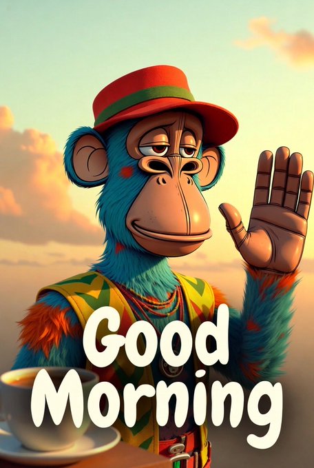 A colorful illustration of a blue-furred monkey wearing a red hat, waving with one hand, with a coffee cup and 'Good Morning' text overlay.