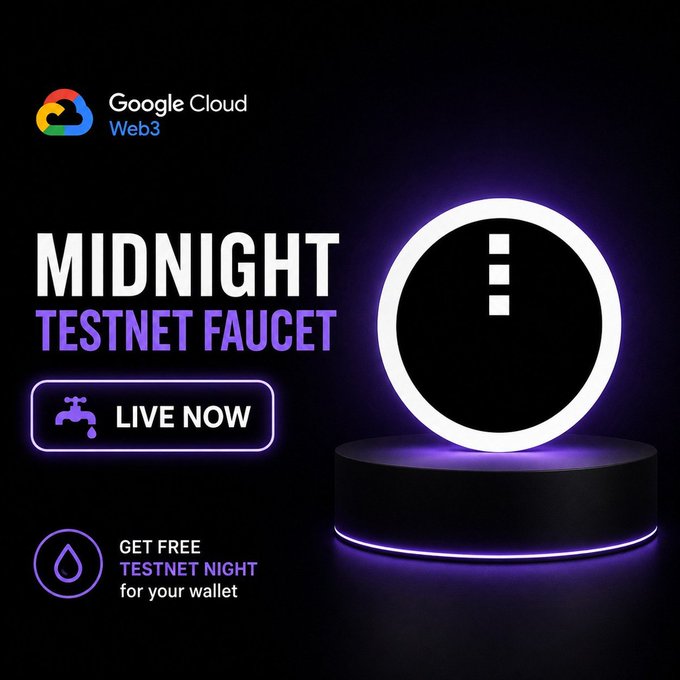 Promotional graphic announcing the launch of the "Midnight Testnet Faucet" on Google Cloud Web3, featuring bold text, a "LIVE NOW" button, and the message "Get Free Testnet NIGHT for your wallet" alongside a glowing circular Midnight logo on a pedestal.