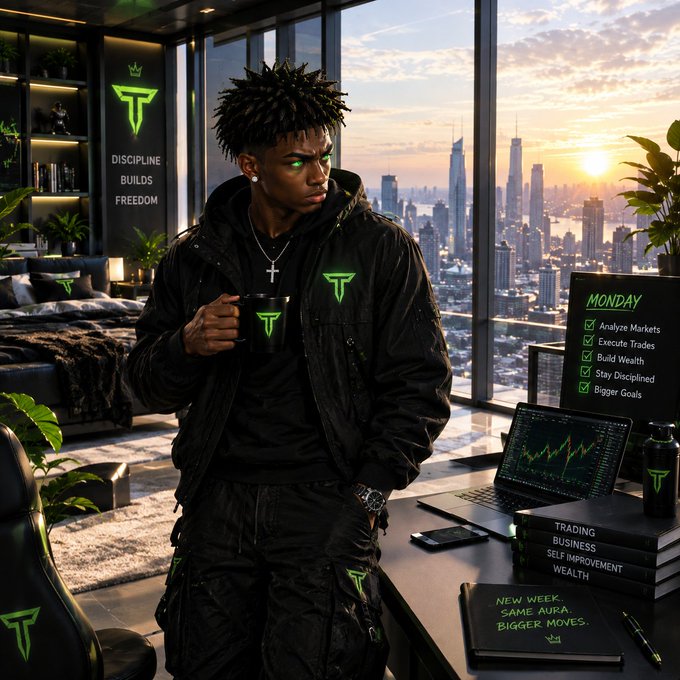 A digital artwork depicts a young man with glowing green eyes in a dark, high-rise apartment overlooking a city skyline, wearing apparel branded with a green 'T' logo and surrounded by self-improvement and trading materials.