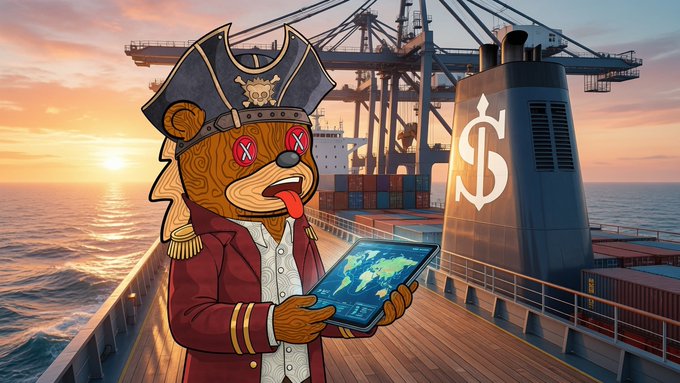 An anthropomorphic bear dressed as a pirate captain stands on a shipping vessel at sunset, holding a tablet displaying a world map, with a large "$" symbol emblazoned on the ship's smokestack and shipping cranes in the background. The image visually represents the post's theme of maritime real-world assets (RWAs) and the EthraShip protocol, highlighting the blend of traditional shipping operations with crypto-based investment through dollar-denominated tokenization.