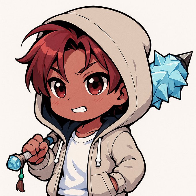 Anime-style illustration of a red-haired character wearing a beige hoodie, holding a wand-like object with a blue crystal and an ice crystal formation on their back.