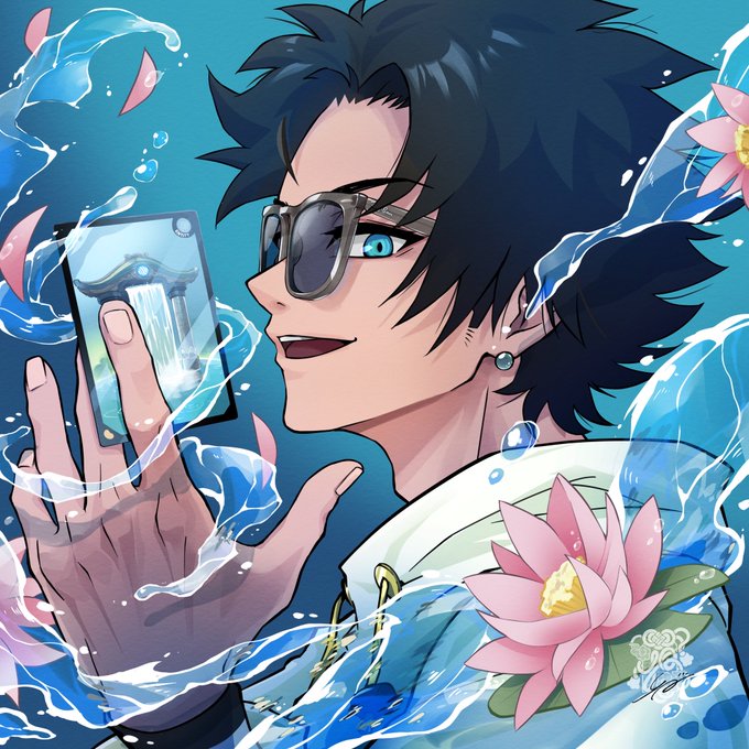 Anime-style illustration of a male character with spiky black hair and sunglasses, holding a card with a tower image, surrounded by water splashes and pink lotus flowers.