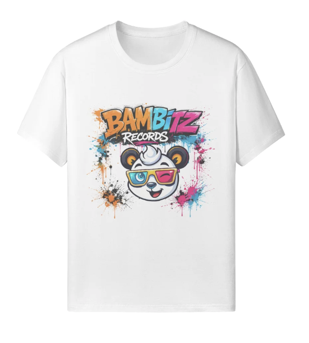 A white t-shirt featuring a colorful 'BAMBITZ RECORDS' logo with a panda mascot wearing sunglasses, surrounded by paint splatter design.