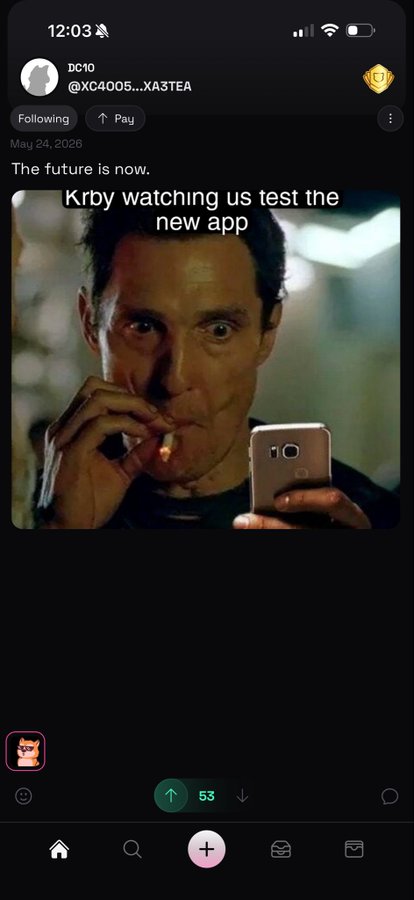 iphone screen displays a social media app, "Kroy Watch", with a man's face and text about the new app.