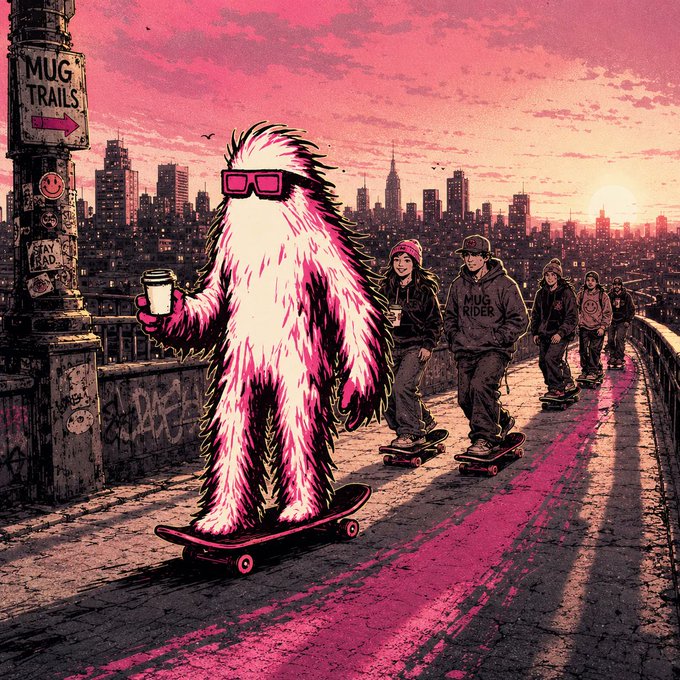 A fluffy pink and white yeti-like creature wearing sunglasses holds an empty coffee cup while skateboarding, leading a group of riders (one in a "MUG RIDER" hoodie) across a bridge with a city skyline at sunset, past a "MUG TRAILS" sign. The image visually reinforces the post's metaphor of the mug running empty but the ride continuing—embodying the #MUGRIDER spirit of pushing forward on Solana even after the fuel (coffee/community momentum) runs out.