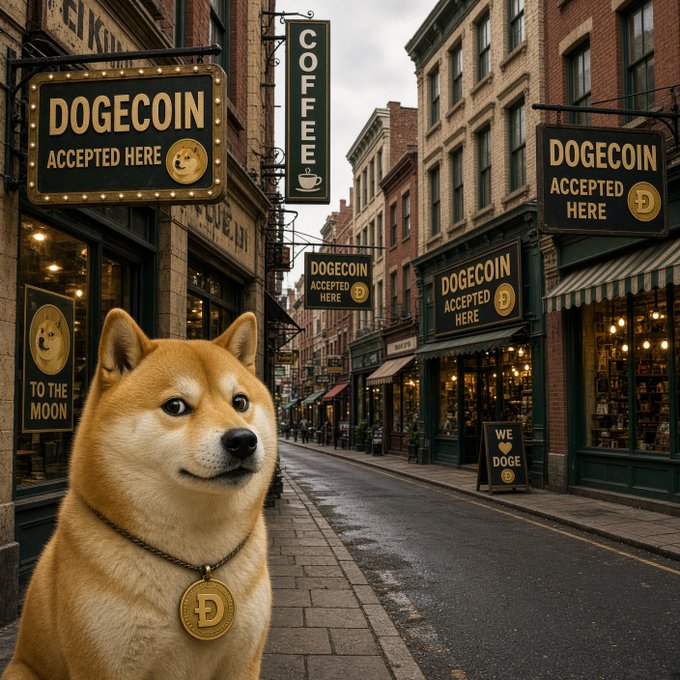 A smiling Shiba Inu wearing a "D" medallion stands on a cobblestone street surrounded by storefronts with signs reading "DOGECOIN ACCEPTED HERE" and "TO THE MOON." The image captures the post's vision of a crypto-utopia where $DOGE is universally welcomed, blending playful meme culture with a quaint, everyday street scene.