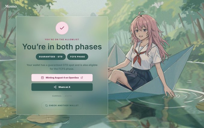 A 'You're in both phases' confirmation screen for Momo indicates allowlist eligibility for both Guaranteed GTD and FCFS phases, mentioning minting on August 4 at OpenSea, set against an anime-style illustration of a pink-haired girl.