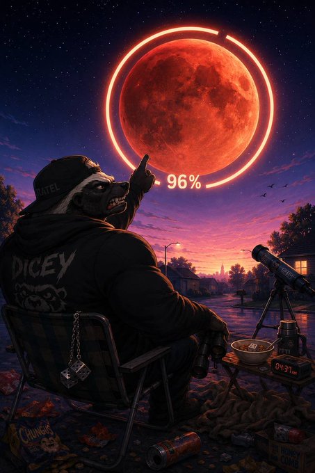 A stylized illustration shows a person in a hooded jacket and skull mask sitting in a camping chair pointing at a blood-red moon, with a glowing progress ring labeled '96%' and a telescope set up nearby.
