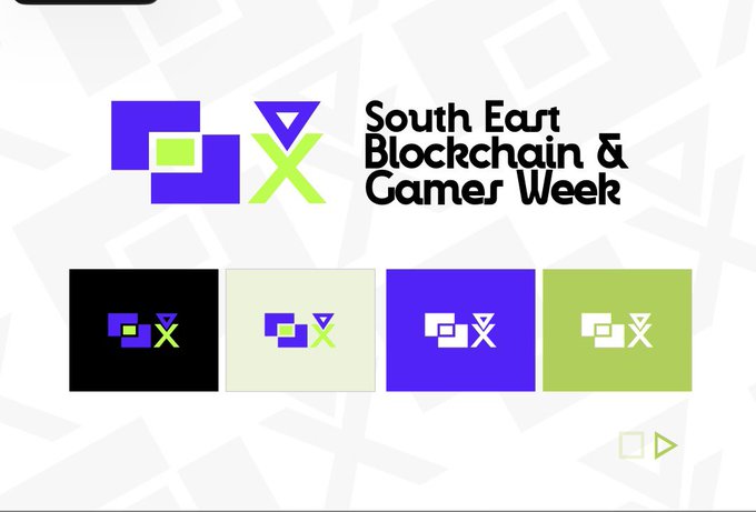 A logo design presentation for 'South East Blockchain & Games Week' displays the main logo in purple and green, along with four color variations on black, beige, blue, and green backgrounds.