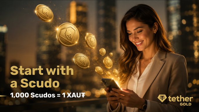 A smiling woman in business attire looks at her phone as glowing gold coins bearing the Tether Gold emblem float around her against a city skyline, with the text "Start with a Scudo" and "1,000 Scudos = 1 XAU₮" displayed alongside the Tether Gold logo—illustrating how XAU₮ tokenizes gold ownership into small, accessible fractions of a troy ounce.