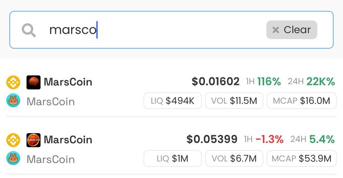 A trading search results page showing "marscoin" in the search bar, displaying two MarsCoin tokens—one at $0.01602 with a 116% 1-hour gain and $16.0M market cap, and another at $0.05399 with a 5.4% 24H gain and $53.9M market cap—supporting the post's claim of two MarsCoin tokens valued in the millions.