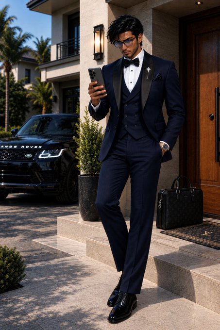 A man in a navy blue three-piece tuxedo and sunglasses stands on the steps of a luxury home holding a smartphone, with a black Range Rover and a designer briefcase nearby.