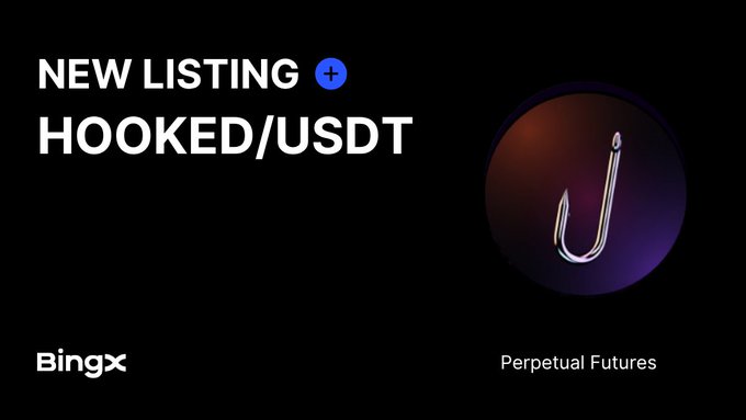 A BingX exchange announcement showing 'NEW LISTING' of HOOKED/USDT Perpetual Futures with a fish hook logo icon.