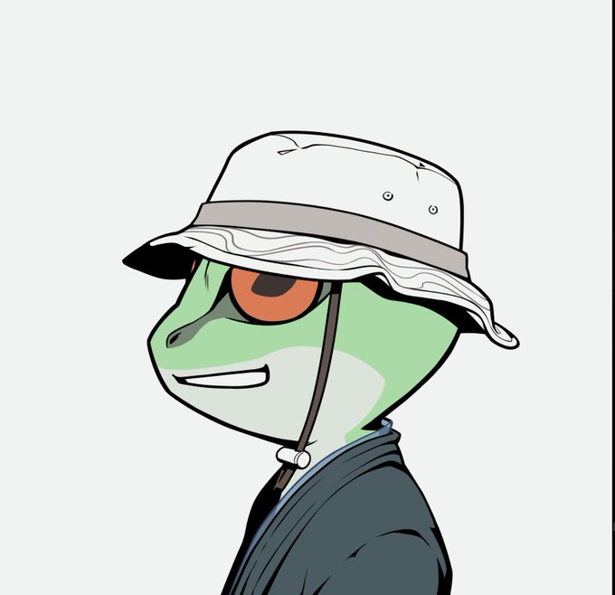 A green cartoon lizard character wearing a bucket hat and dark robe smirks in profile against a white background.
