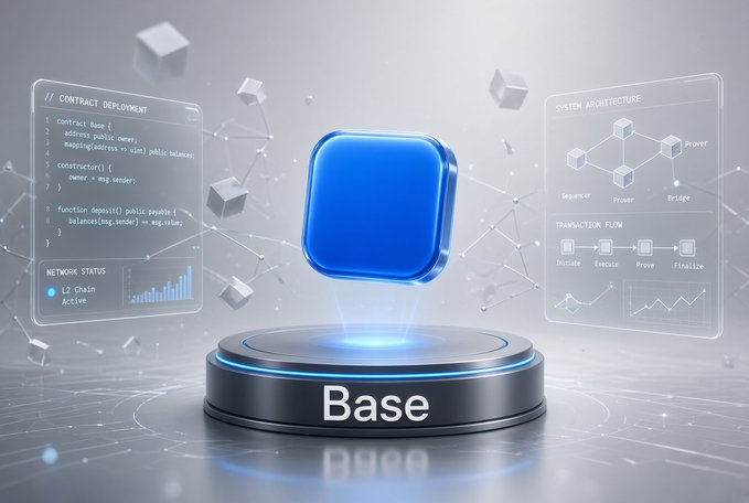 A 3D digital illustration shows a blue cube on a black pedestal labeled 'Base,' surrounded by floating UI panels displaying 'CONTRACT DEPLOYMENT,' 'SYSTEM ARCHITECTURE,' and 'NETWORK STATUS.'