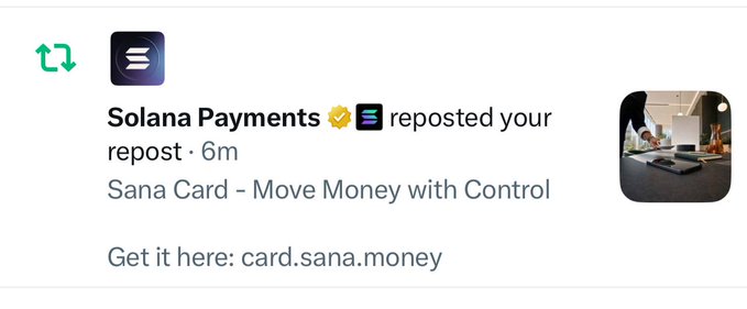 The image features a post by @solanapayments about moving money with control using #sanacard. There's also an attached screenshot of someone working at home. The caption for the image reads "Let' s go @solanapayments @sanafionchain". This indicates that there is a user named @solanapayments who posted this message, and they are likely discussing how to use #sanacard in order to move money with more control from home.