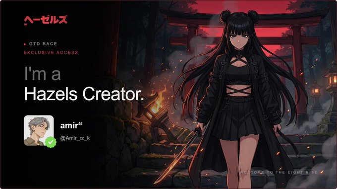 A digital graphic displaying 'I'm a Hazels Creator' with the username amir and @Amir_rz_k, featuring an anime-style character with swords standing before a Japanese torii gate.