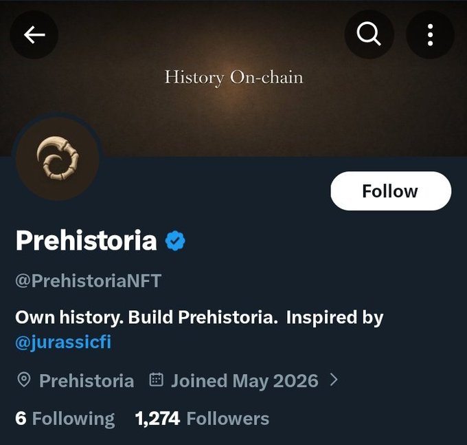 The image shows a Twitter post about Prehistory and dinosaurs. The post includes a link to a website called PrehistoriaNFT, which is related to the dinosaur extinction narrative. The post also mentions that the project is launching soon on Ethereum, with a focus on tokenizing dinosaur fossils as RWA's. The post has been shared by @PrehistoriaNFT and has received 6 following users.