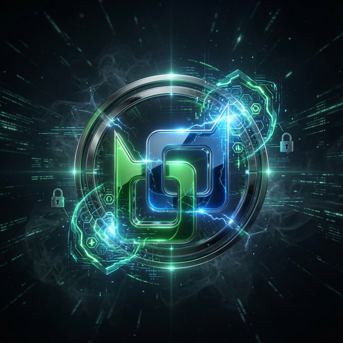 A glowing, futuristic digital logo featuring a stylized blue and green 'h' or lock shape within a circular metallic frame, surrounded by circuit board patterns and lock icons.