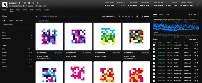 The image displays the Credits marketplace showing pixel art NFTs with continuous 24-hour trading volume (1.325 ETH), featuring a left sidebar of filters and a right panel of recent activity transactions for collections like FIZ7AA and F037AA.