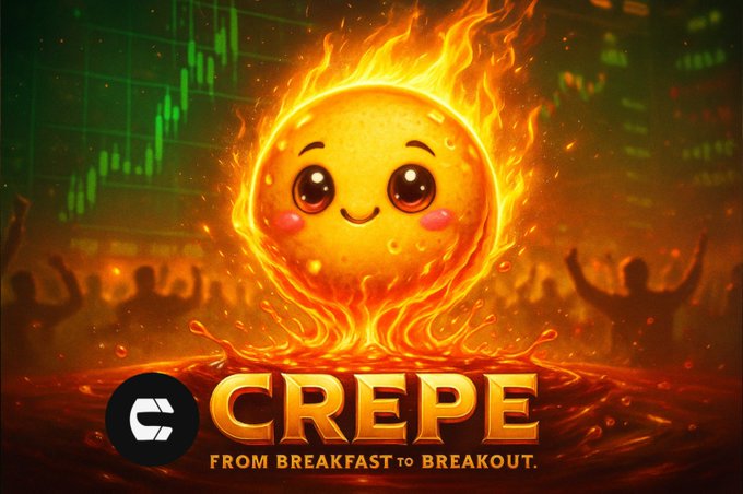 A flaming, anime-style golden ball with a cute smiling face emerges from lava, set against a backdrop of green trading charts and silhouetted cheering figures. Bold text reads "CREPE" with the tagline "FROM BREAKFAST to BREAKOUT," visually reinforcing the post's hype about the $Crepe token reaching a new all-time high.