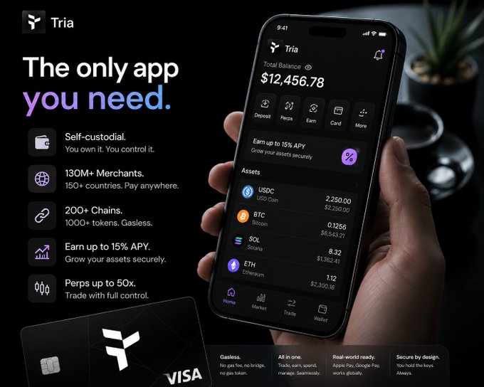 The image shows a person holding up their phone displaying an app called @useTria, which is used for managing cryptocurrency. The person's hand is positioned over the phone screen, with the phone held open as if they are showing off the app or explaining its features. The background of the image includes a potted plant and a cup on a table, suggesting that this might be taking place in someone's home or office setting.

The post about managing cryptocurrency also mentions the importance of closing unnecessary tabs to focus on one task at a time. This idea is reflected in the image as well, with the person holding up their phone displaying multiple app icons and information, indicating that they are likely using several apps simultaneously for various purposes. The presence of these apps might be distracting them from focusing on managing their cryptocurrency effectively or simply keeping track of different tasks.