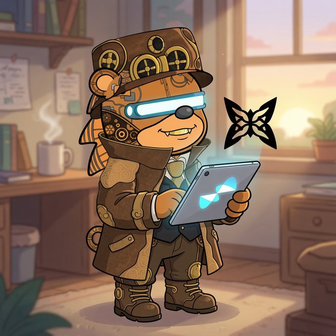 A stylized cartoon bear character in steampunk attire, wearing a glowing visor and gear-decorated top hat, holding a tablet with a butterfly hologram in a cozy room.