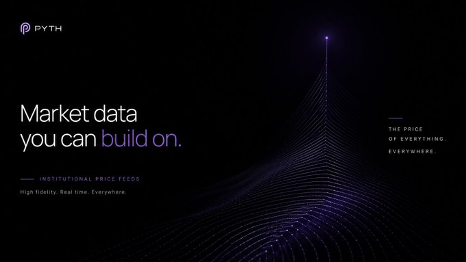 A promotional graphic for 'PYTH' with the tagline 'Market data you can build on' and 'Institutional price feeds. High fidelity. Real time. Everywhere.' displayed on a dark background with a purple wave design.