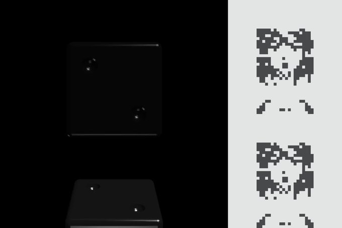 A split image displays two black dominoes with blank faces on the left side and pixelated QR-code-like patterns on a white background on the right side. The composition has an artistic, high-contrast aesthetic.