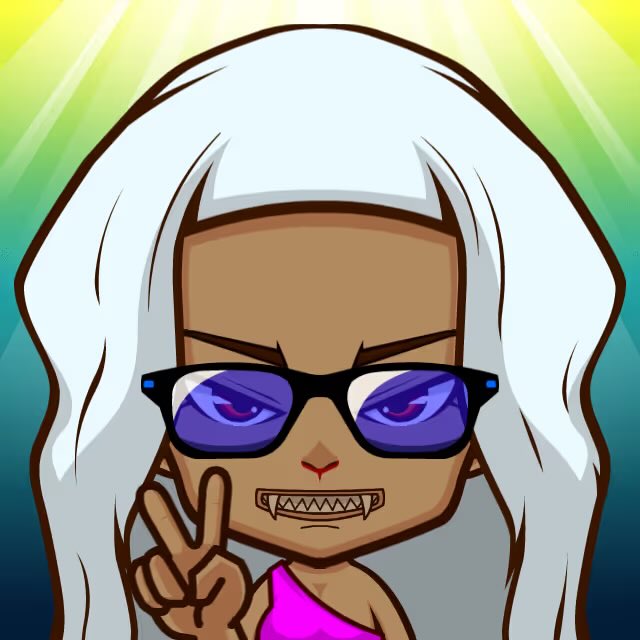 A cartoon avatar of a character with white hair, purple sunglasses, and fangs making a peace sign against a green and yellow sunburst background.