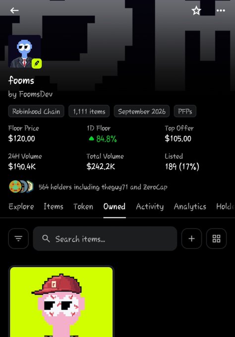 Screenshot of a Fooms NFT collection page on Robinhood Chain, showing 1,111 items, a floor price of $120.00, and 564 holders.
