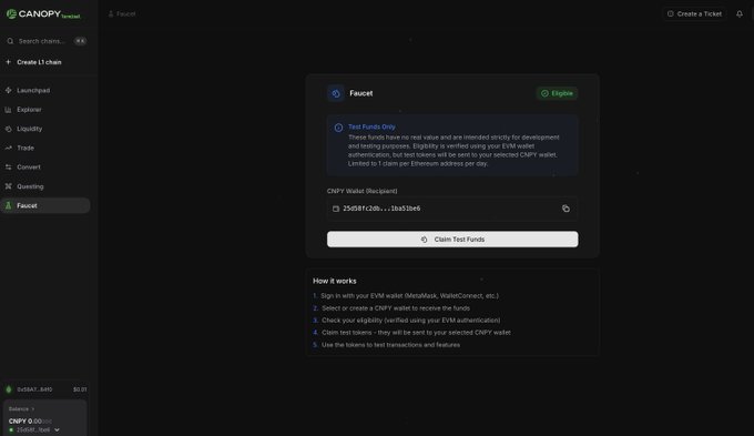 Screenshot of a Canopy testnet faucet page, showing a 'Test Funds Only' disclaimer, a CNPY wallet recipient field, a 'Claim Test Funds' button, and a 'How it works' section listing steps to use the faucet.