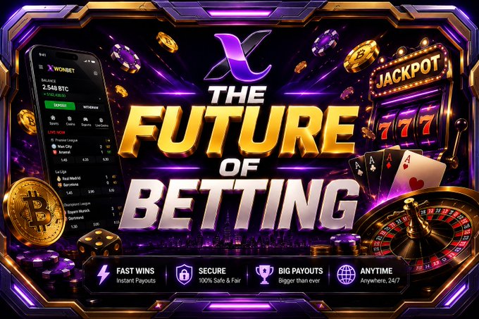 A promotional graphic for 'XL Wonbet' proclaims 'THE FUTURE OF BETTING' in bold text, featuring a smartphone interface, a slot machine showing '777', playing cards, dice, a roulette wheel, and Bitcoin icons.