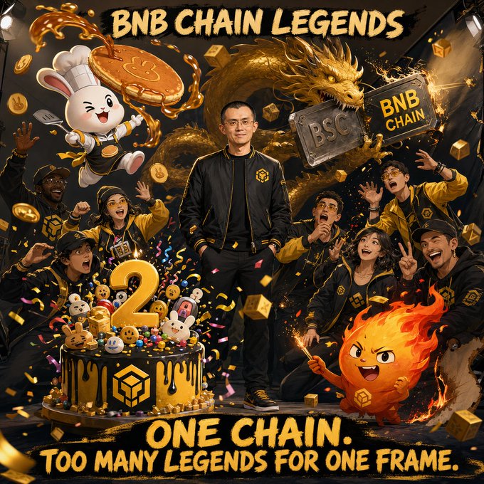 A promotional poster titled 'BNB CHAIN LEGENDS' featuring a central figure surrounded by mascots including a bunny chef and a flame character, with text reading 'ONE CHAIN. TOO MANY LEGENDS FOR ONE FRAME.' and BSC/BNB Chain branding.