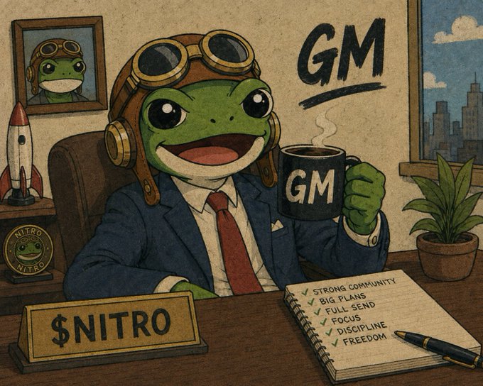 Illustration of a frog character wearing aviator goggles and a business suit, holding a 'GM' mug, with '$NITRO' nameplate and a checklist including 'STRONG COMMUNITY' and 'FULL SEND'.
