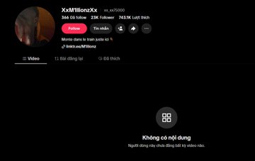 A social media profile page for user XxMillionsXx showing a TikTok link, Vietnamese text "Morris claims to train Louis as a %", and "Không có nội dung" (no content).