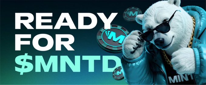 A stylish white polar bear mascot wearing a blue puffer jacket, sunglasses, and a gold chain poses next to floating "$M" coins, with bold text reading "READY FOR $MNTD" — visually hyping MINT.IO's upcoming token launch and aligning with the post's announcement about the $MNTD launch.