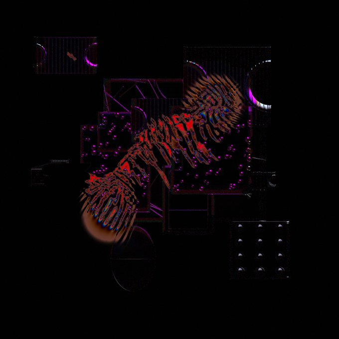 A generative NFT artwork titled "MACCHINA 037" featuring a central caterpillar-like form composed of repeating skeletal segments in red, brown, and blue tones, set against a dark background with scattered magenta dots, framed geometric panels, and partial circular motifs. The piece reflects the description of a generative 1/1 that progressively fills with colorful flowing elements the longer it is viewed.
