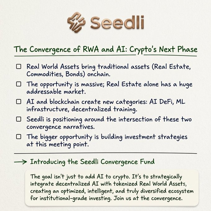 An informational graphic from 'Seedli' titled 'The Convergence of RWA and AI: Crypto's Next Phase,' discussing Real World Assets, blockchain, and introducing the 'Seedli Convergence Fund.'