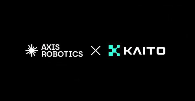 A black screen displays collaboration logos for 'AXIS ROBOTICS' and 'KAITO' separated by an 'X' symbol.