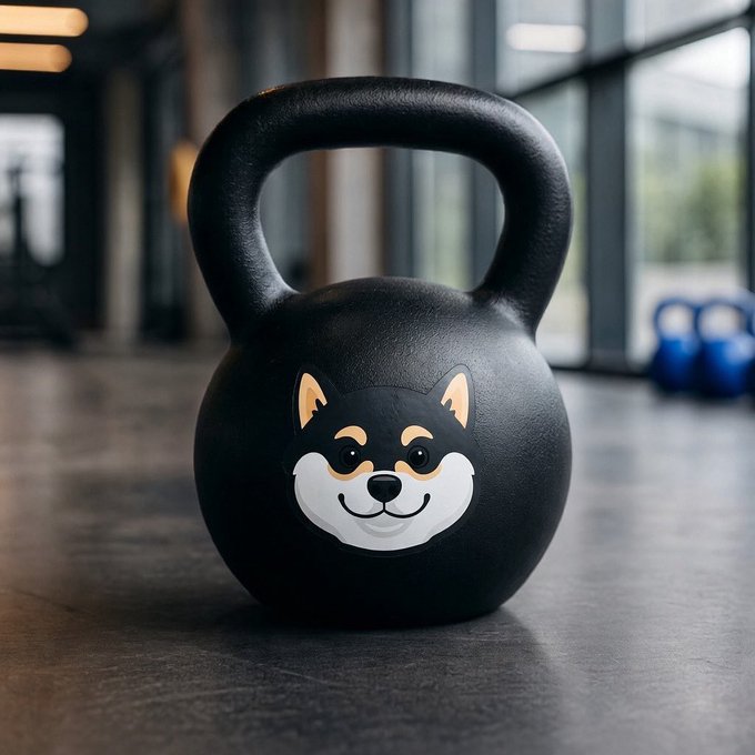 A black kettlebell with a cute Shiba Inu dog face design sits on a gym floor, with kettlebells visible in the blurred background.