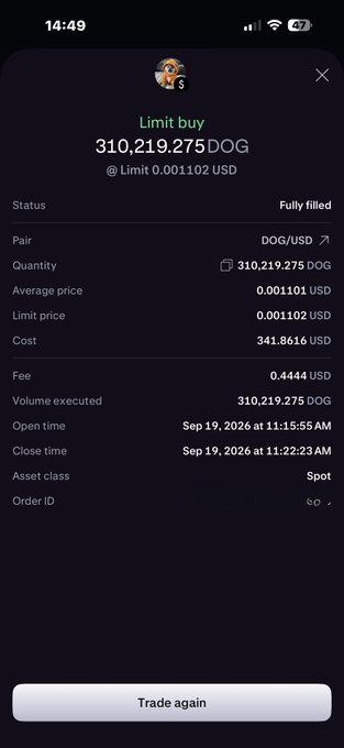 A cryptocurrency trading app showing a completed limit buy order for 310,219.275 DOG at 0.001102 USD, fully filled on Sep 19, 2026.