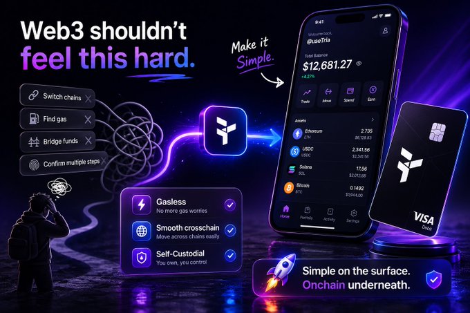 The image features an advertisement for a cryptocurrency wallet app, with a cell phone prominently displayed as the main focus. The background of the image is dark purple, creating a stark contrast that makes the cell phone stand out. Below the cell phone, there are several icons representing different aspects of the app and its functionality. These icons include a gasless crosschain flow icon, a Bitcoin icon, and a Visa payment icon.

The text in the image reads: "Web3 shouldnt feel this hard." This statement emphasizes that the app is designed to be user-friendly and intuitive, making it easy for users to navigate and understand its features. The phrase "most crypto apps still feel like homework switch chains find gas bridge funds sign again that's where most users quit" suggests that while there are many cryptocurrency wallets available, not all of them are as straightforward or user-friendly as the one in focus on the image.