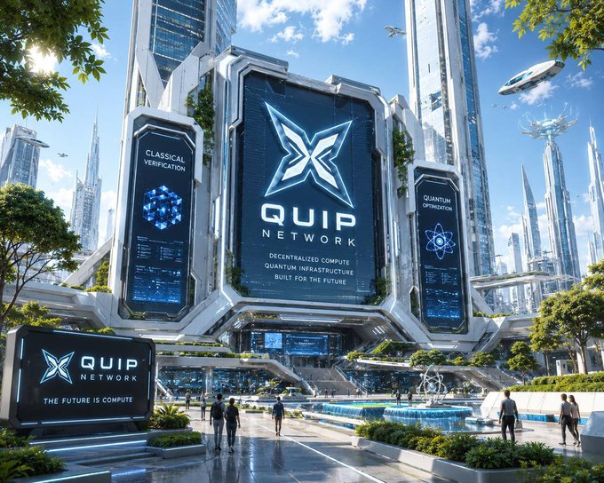 A sprawling sci-fi cityscape features massive billboards advertising the QUIP Network, with the central display reading "QUIP NETWORK: Decentralized Compute, Quantum Infrastructure, Built for the Future," flanked by panels highlighting "Classical Verification" and "Quantum Optimization," while a foreground sign declares "QUIP NETWORK: The Future Is Compute."

The image visually reinforces the post's message by presenting QUIP Network as a futuristic, advanced infrastructure that integrates classical and quantum computing rather than requiring a disruptive shift to a new blockchain.