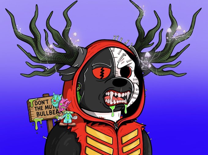 A digital illustration of a menacing, half-black, half-white furry creature with large antlers, wearing a red hoodie, with a small sign behind it reading "DON'T THE MUT... BULLBEA...".