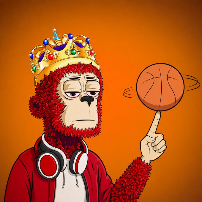 A cartoon illustration of a red monkey character wearing a crown and headphones, spinning a basketball on its finger against an orange background.