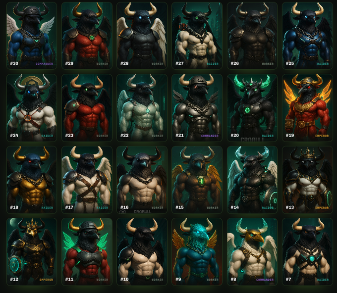 A grid of 24 fantasy character portraits featuring muscular, horned, and armored figures in various colored skins and roles labeled with numbers (#7-#30) and titles like 'COMMANDER', 'WORKER', and 'EMPEROR'.
